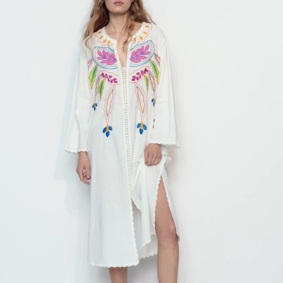 ZARA ! flower cotton floral embroidered kaftan(Medium) - Picture 1 of 8